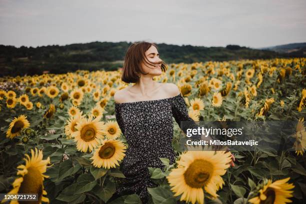 young girl enjoying at the beautiful field of sunflowers - happy sunflower stock pictures, royalty-free photos & images