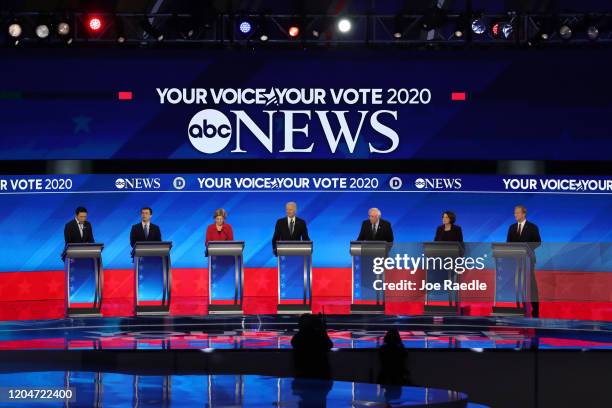 Democratic presidential candidates Andrew Yang, former South Bend, Indiana Mayor Pete Buttigieg, Sen. Bernie Sanders , former Vice President Joe...