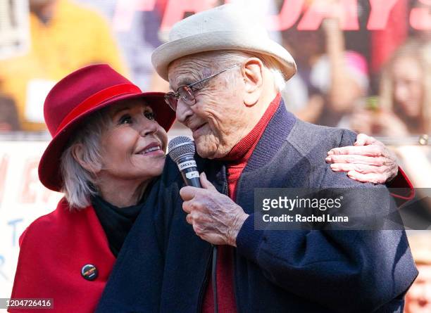 Jane Fonda and Norman Lear participate in Jane Fonda's Fire Drill Friday at Los Angeles City Hall on February 07, 2020 in Los Angeles, California.