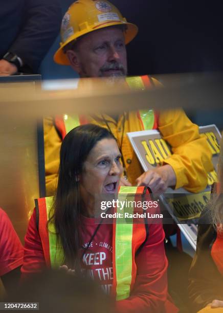 Aileen Getty protests inside Paul Hastings Tower during Jane Fonda's Fire Drill Friday on February 07, 2020 in Los Angeles, California.