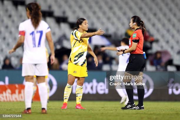 Sam Kerr of the Matildas makes her point to the referee during the Women's Olympic Football Tournament Qualifier match between the Australian...