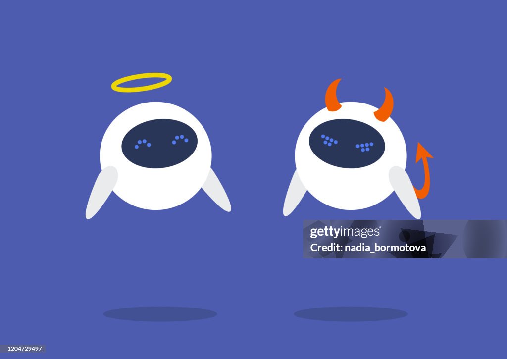 Advantages and risks of modern technologies, A pair of white robots dressed like an angel and a devil
