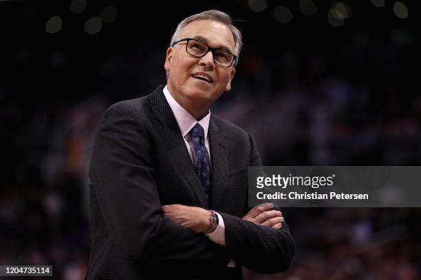 Head coach Mike D'Antoni of the Houston Rockets reacts on the bench during the first half of the NBA game against the Phoenix Suns at Talking Stick...