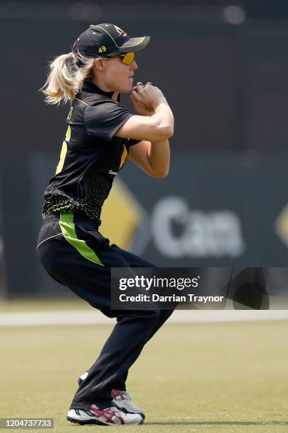 Nicola Carey of Australia takws a catch to dismiss Shafali Verma of India during game five of the Women's One Day International series between...