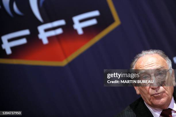 French Football Federation President, Jean-Pierre Escalettes announces, on July 03, 2008 during a press conference at FFF headquarters in Paris, that...