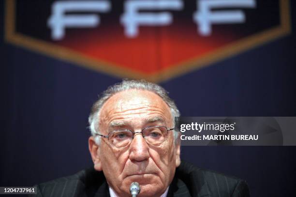 French Football Federation President, Jean-Pierre Escalettes announces, on July 03, 2008 during a press conference at FFF headquarters in Paris, that...