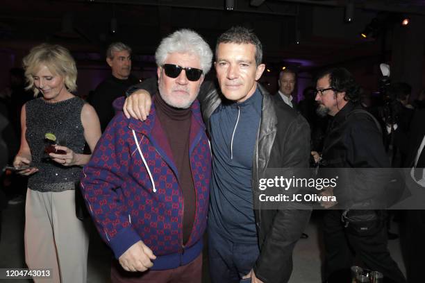 Director Pedro Almodovar and actor Antonio Banderas attend The Oscars International Feature Film Nominees Cocktail Reception on February 07, 2020 in...