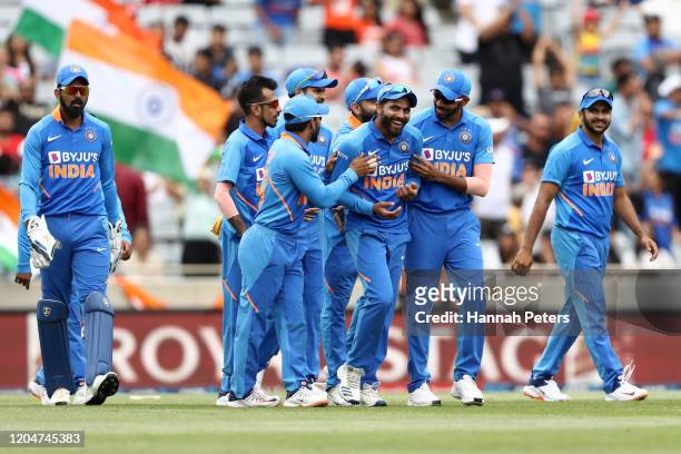 Ravindra Jadeja of India celebrates the wicket of Jimmy Neesham of the Black Caps during game two of the One Day International Series between New...