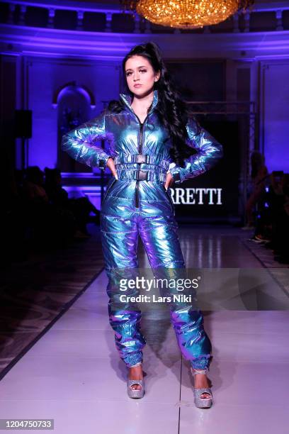 Model Madison Carter walks the runway during the House of Barretti Snowsuits show at the Cosmopolitan NYFW FW20 fashion show during New York Fashion...