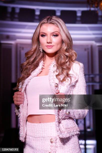 Model Mya Xeller walks the runway during the House of Barretti show at the Cosmopolitan NYFW FW20 fashion show during New York Fashion Week at Lotte...