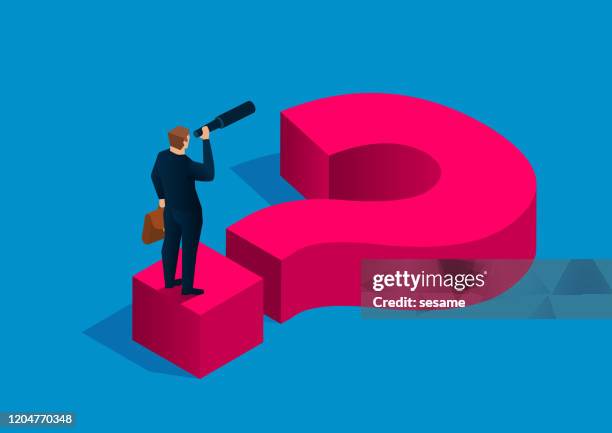 ilustrações de stock, clip art, desenhos animados e ícones de solving business problems, businessman holding binoculars standing on question mark - staring