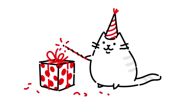 Video of a kitty in a cap with gifts. Drawing on a white background. Kawaii style hand made outline animation. Cute magical cat shows tricks. Silly cat fulfills wishes. Video meme.