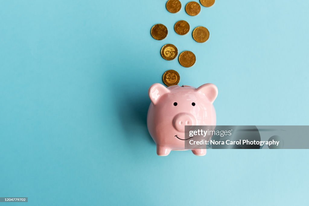 Coins Falling into Piggy Bank