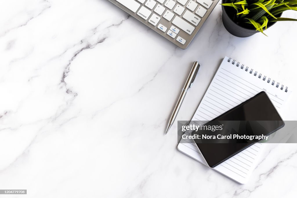 Flat Lay Marble Office Working Desk With Copy Space