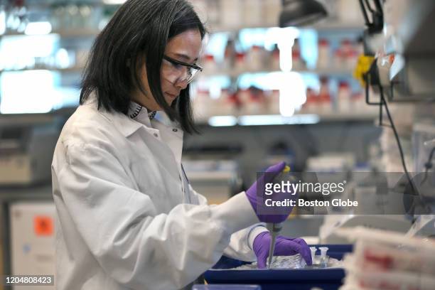 Scientist Xinhua Yan works in the lab at Moderna in Cambridge, MA on Feb. 28, 2020. Moderna has developed the first experimental coronavirus...