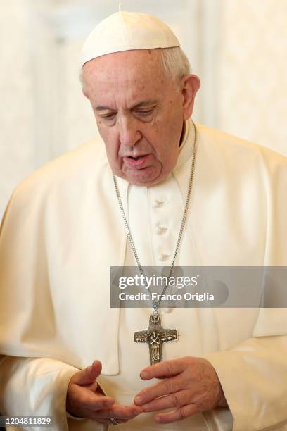 Pope Francis attends and audience with President of Ukraine Volodymyr Zelenskyy at the Apostolic Palace on February 08, 2020 in Vatican City, Vatican.