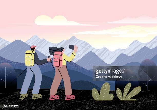 hikers at mountain viewpoint - journey stock illustrations
