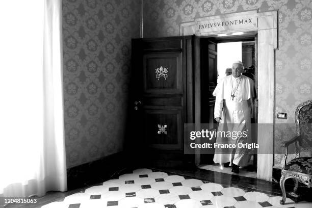 Pope Francis attends and audience with President of Ukraine Volodymyr Zelenskyy at the Apostolic Palace on February 08, 2020 in Vatican City, Vatican.