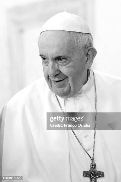 Pope Francis attends and audience with President of Ukraine Volodymyr Zelenskyy at the Apostolic Palace on February 08, 2020 in Vatican City, Vatican.