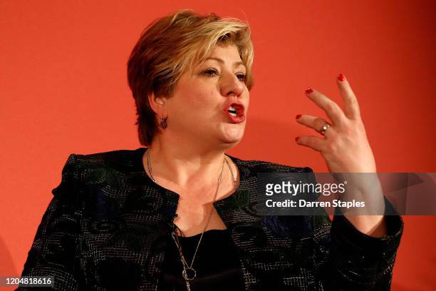 Labour MP Emily Thornberry gestures as she takes part in the party leadership hustings on February 8, 2020 in Nottingham, United Kingdom. Keir...