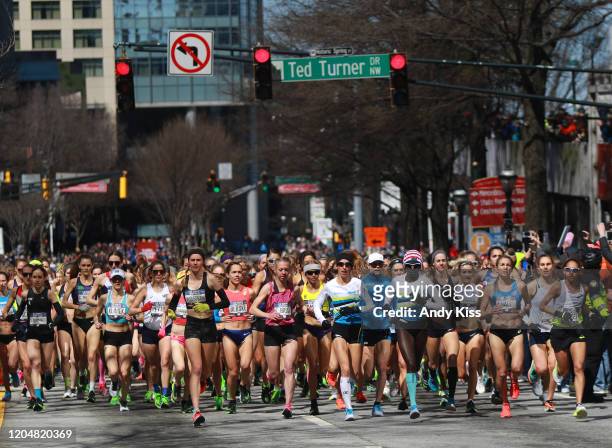 The women's field starts the race during the U.S. Olympic marathon team trials on February 29, 2020 in Atlanta, Georgia.