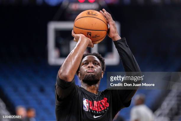 Caleb Swanigan of the Portland Trail Blazers warms up before the game against the Orlando Magic at the Amway Center on March 2, 2020 in Orlando,...