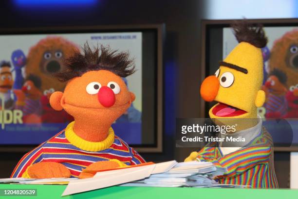 Sesame Street characters Bert and Ernie during the presentation of the NDR and Deutsche Post commemorative stamp of 'Sesamstrasse' on March 2, 2020...