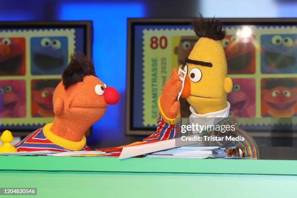 Sesame Street characters Bert and Ernie during the presentation of the NDR and Deutsche Post commemorative stamp of 'Sesamstrasse' on March 2, 2020...