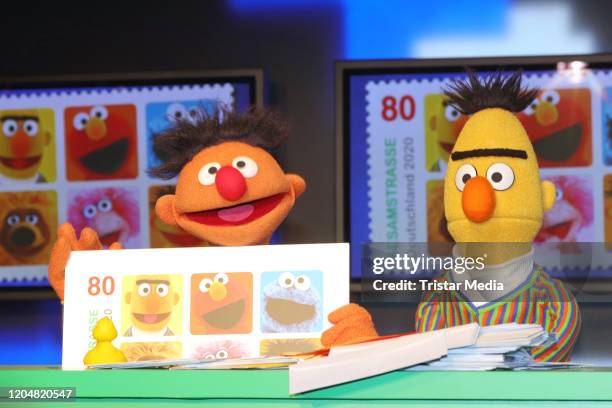 Sesame Street characters Bert and Ernie during the presentation of the NDR and Deutsche Post commemorative stamp of 'Sesamstrasse' on March 2, 2020...