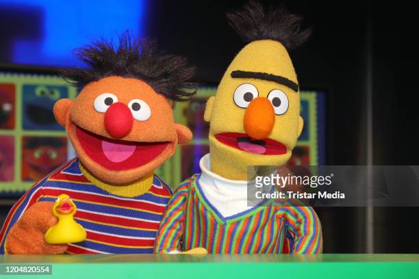 Sesame Street characters Bert and Ernie during the presentation of the NDR and Deutsche Post commemorative stamp of 'Sesamstrasse' on March 2, 2020...