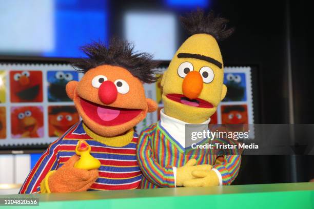 Sesame Street characters Bert and Ernie during the presentation of the NDR and Deutsche Post commemorative stamp of 'Sesamstrasse' on March 2, 2020...