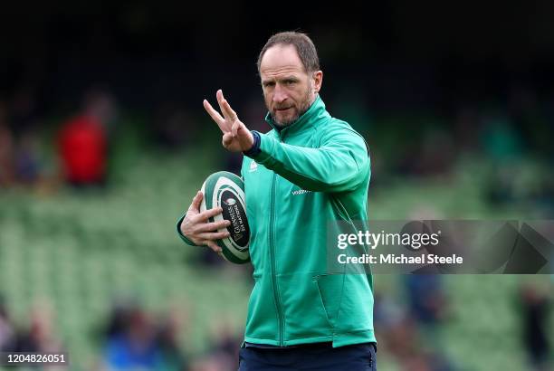 Mike Catt, Assistant coach gives instructions prior to the 2020 Guinness Six Nations match between Ireland and Wales at Aviva Stadium on February 08,...