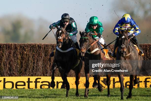 Nico de Boinville riding Altior clear the last to win The Win Bigger On The Betfair Exchange Chase from Sceau Royal and Tom Bellamy at Newbury...