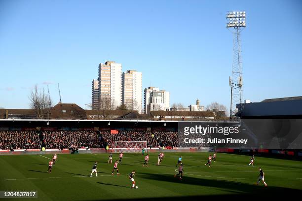 General view inside the stadium during the Sky Bet Championship match between Brentford and Middlesbrough at Griffin Park on February 08, 2020 in...
