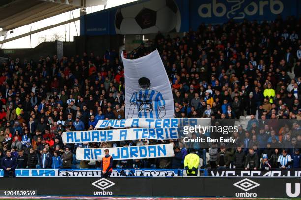 Fan tribute to Jordan Sinnott during the Sky Bet Championship match between Huddersfield Town and Queens Park Rangers at John Smith's Stadium on...