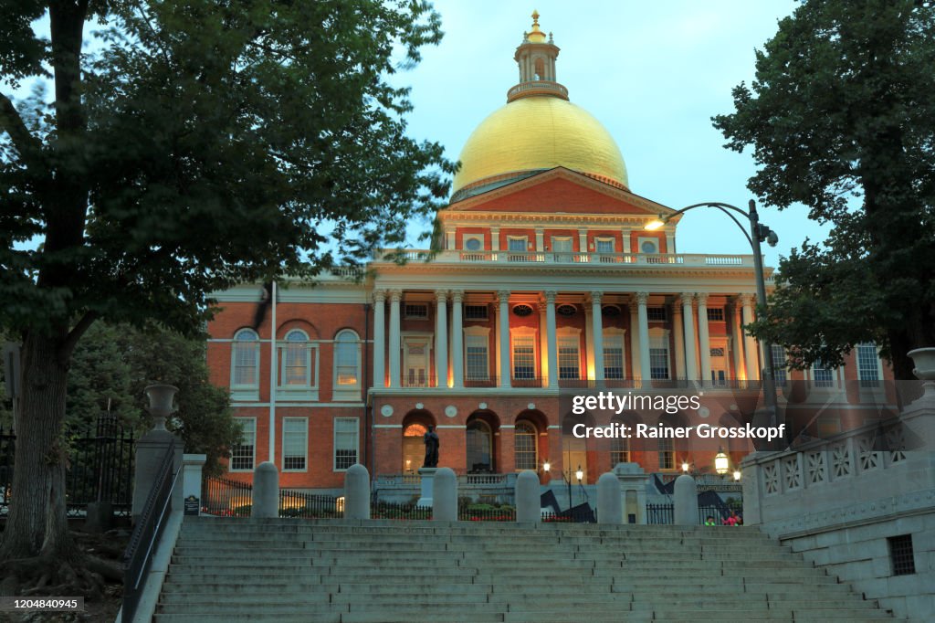 New State House in Boston illuminated at dusk