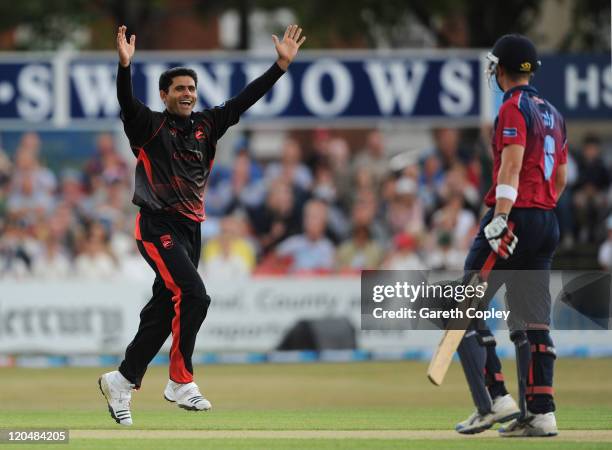 Abdul Razzaq of Leicestershire celebrates dismissing Joe Denly of Kent during the Friends Life T20 Quarter Final match between Leicestershire and...