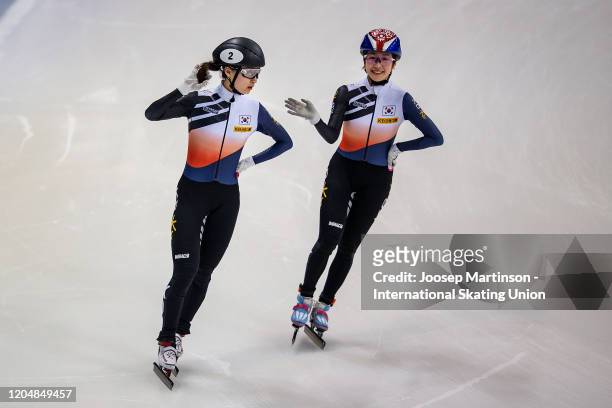 Min Jeong Choi and Ah Rum Noh of Korea celebrate in the Ladies 1500m final during day 1 of the ISU World Cup Short Track at EnergieVerbund Arena on...