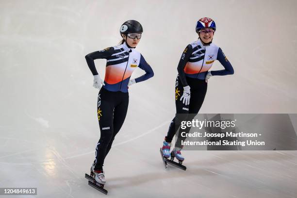 Min Jeong Choi and Ah Rum Noh of Korea celebrate in the Ladies 1500m final during day 1 of the ISU World Cup Short Track at EnergieVerbund Arena on...