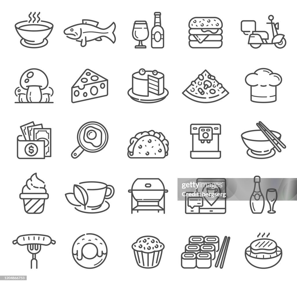 Food and Drink Restaurant Icons with BBQ, Beer, Mexican Food, Delivery and Sushi Sign