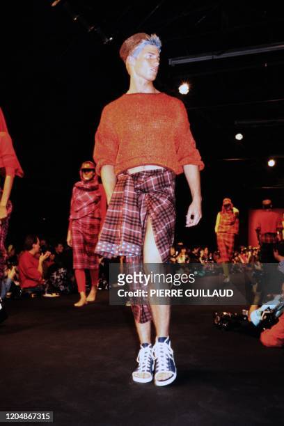 Model presents the collection by French designer Jean-Paul Gaultier, on October 19, 1984 in Paris, at the 1984 Spring/Summer men's ready-to-wear...