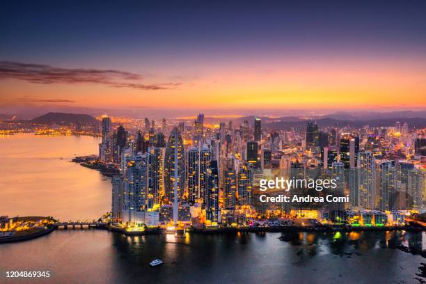 aerial view of punta pacifica skyline, panama city - panama city fotografías e imágenes de stock