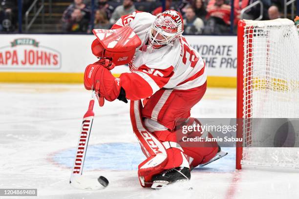 Goaltender Jimmy Howard of the Detroit Red Wings defends the net against the Columbus Blue Jackets on February 7, 2020 at Nationwide Arena in...