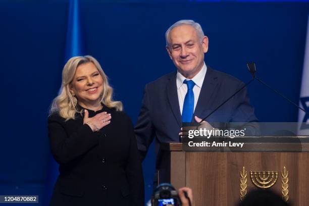 Sara Netanyahu and Israeli Prime Minister Benjamin Netanyahu thank supporters at the Likud Party after vote celebration on March 03, 2020 in Tel...