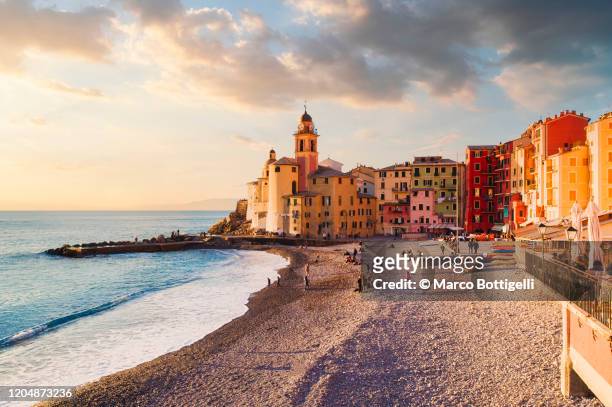 seascape at sunset, camogli, liguria coast, italy - italien stock-fotos und bilder