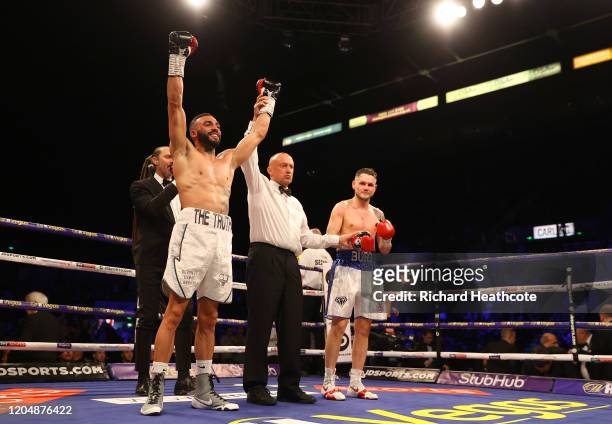 Anthony Tomlinson celebrates victory over Stewart Burt after the British and Commonwealth Welterweight Title Eliminator fight between Anthony...