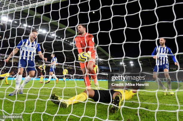 Adrian Mariappa and Ben Foster of Watford react after scoring an own goal during the Premier League match between Brighton & Hove Albion and Watford...