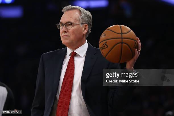 Head Coach Mike D'Antoni of the Houston Rockets in action during the game against the New York Knicks at Madison Square Garden on March 02, 2020 in...