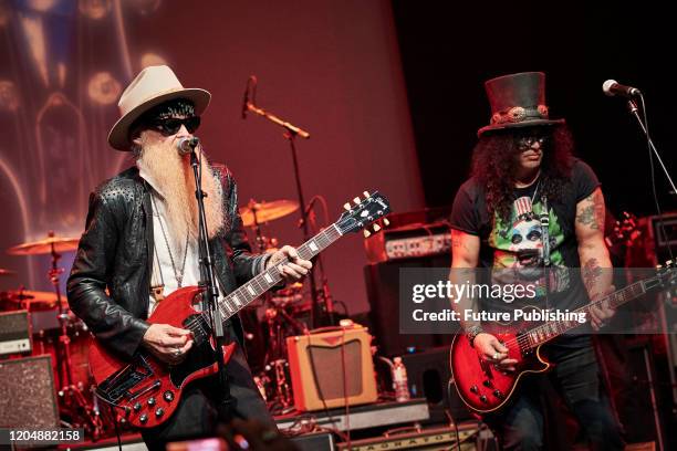 Guitarists Billy Gibbons and Slash performing live on stage during the Gibson Live At The Grove event at City National Grove in Anaheim, California,...