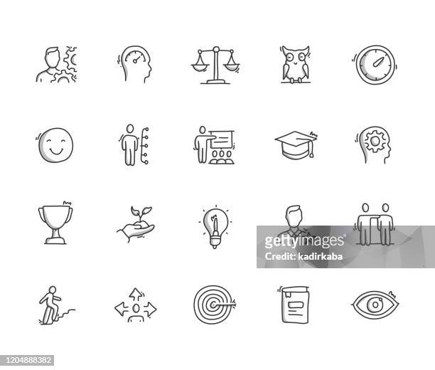 best and practice skill hand draw line icon set - learning objectives text stock illustrations